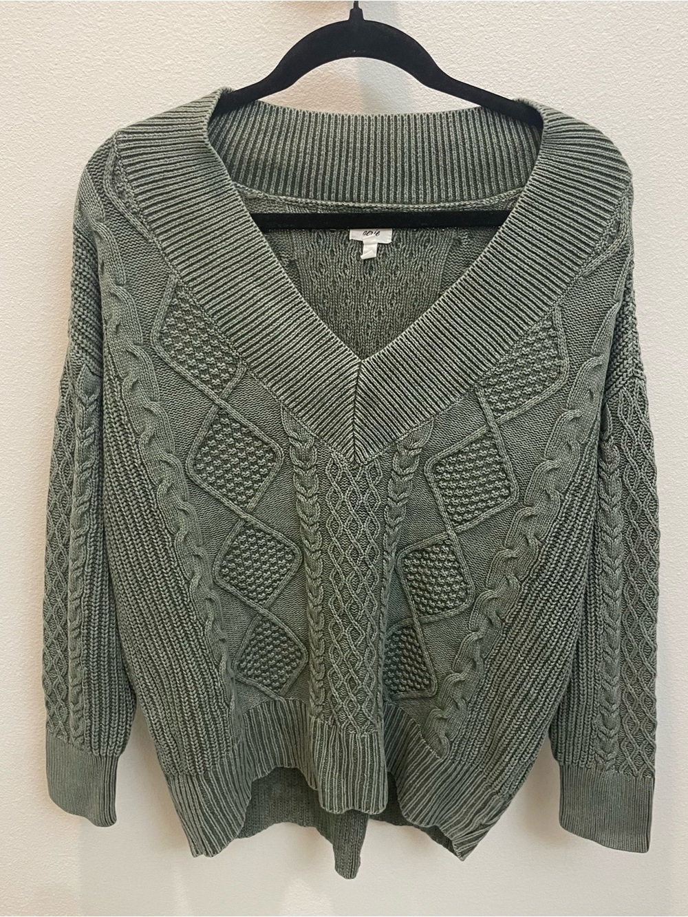 aerie Olive Green V-Neck Cable Knit Cotton Sweater